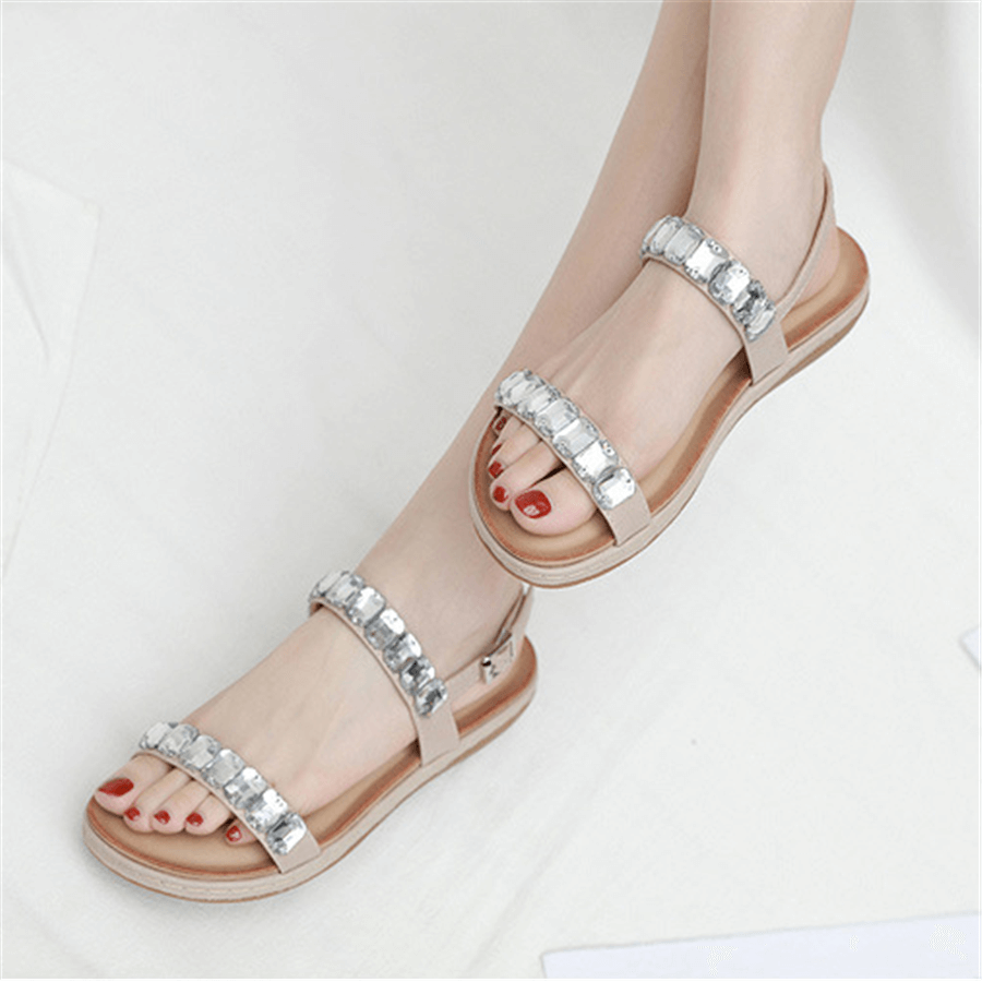 Fashion   Versatile Rhinestone Buckle Flat Sandals