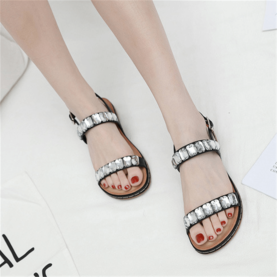 Fashion   Versatile Rhinestone Buckle Flat Sandals