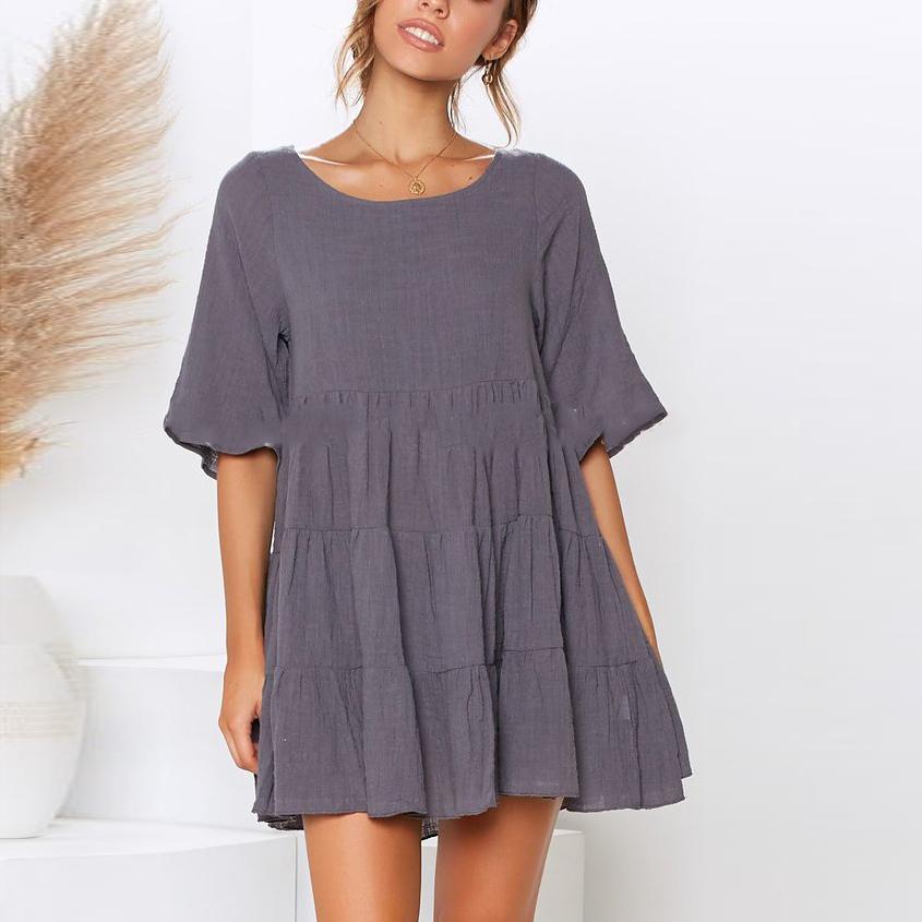 Round Neck Solid Color short sleeves Mini Dress