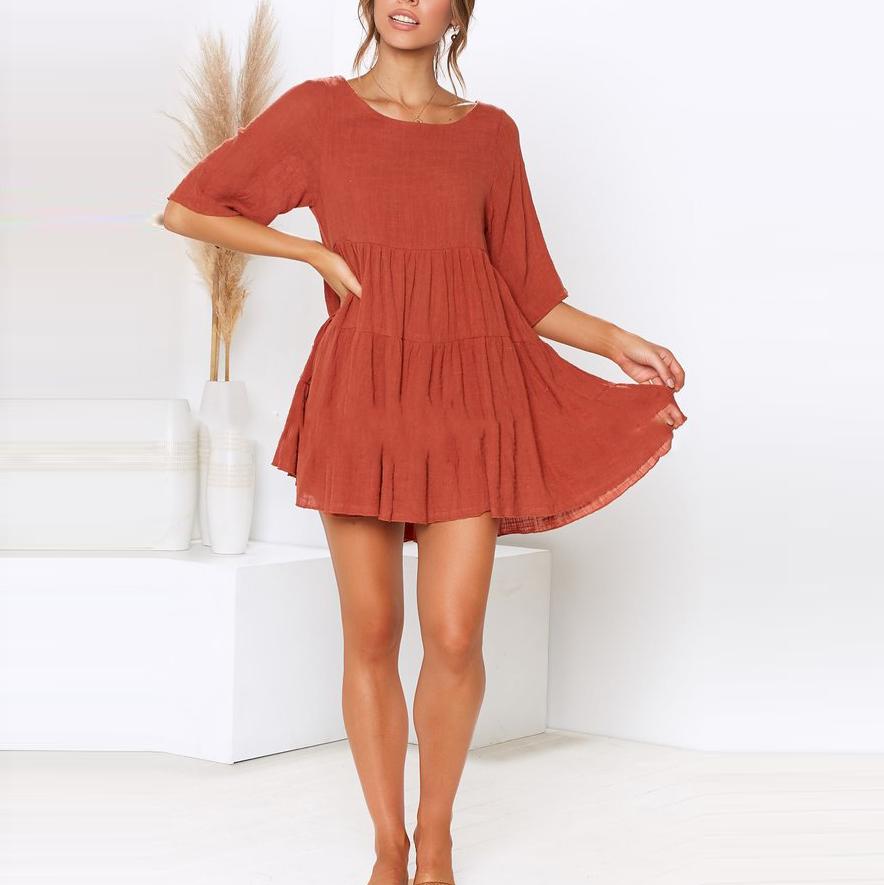 Round Neck Solid Color short sleeves Mini Dress