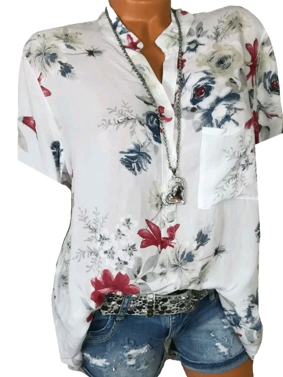 Short Sleeve Loose Floral Pattern Blouse