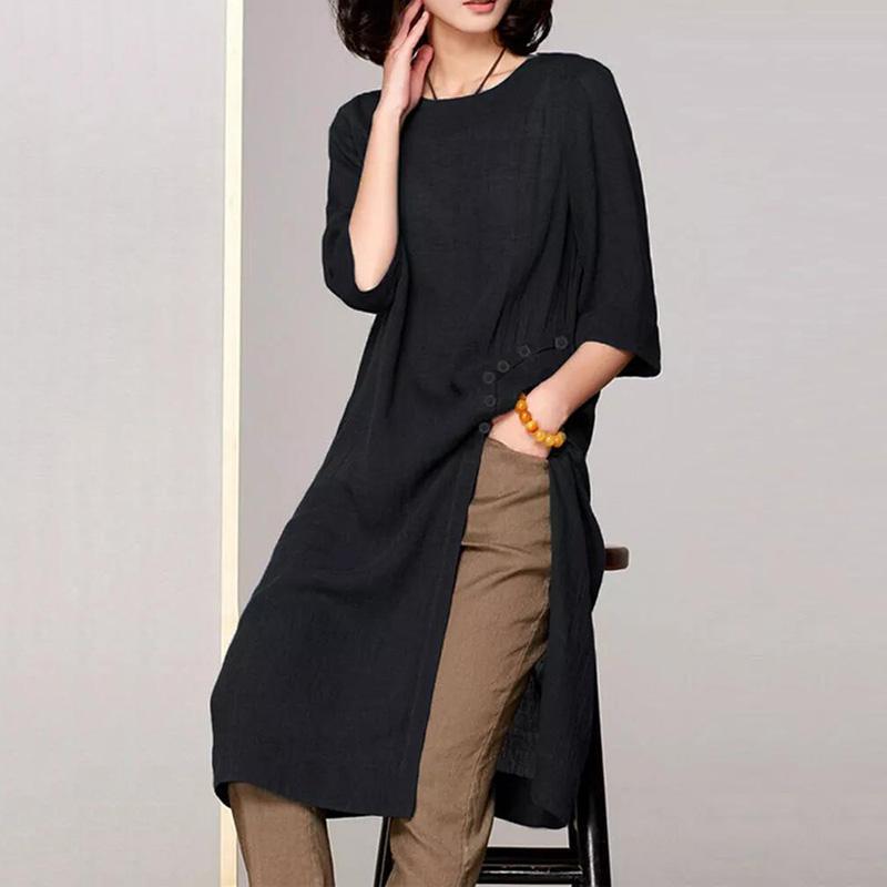 Vintage Round Neck Halflong Sleeve Single-Breasted Pure Colour Dress