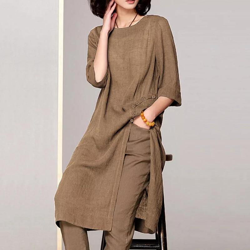 Vintage Round Neck Halflong Sleeve Single-Breasted Pure Colour Dress
