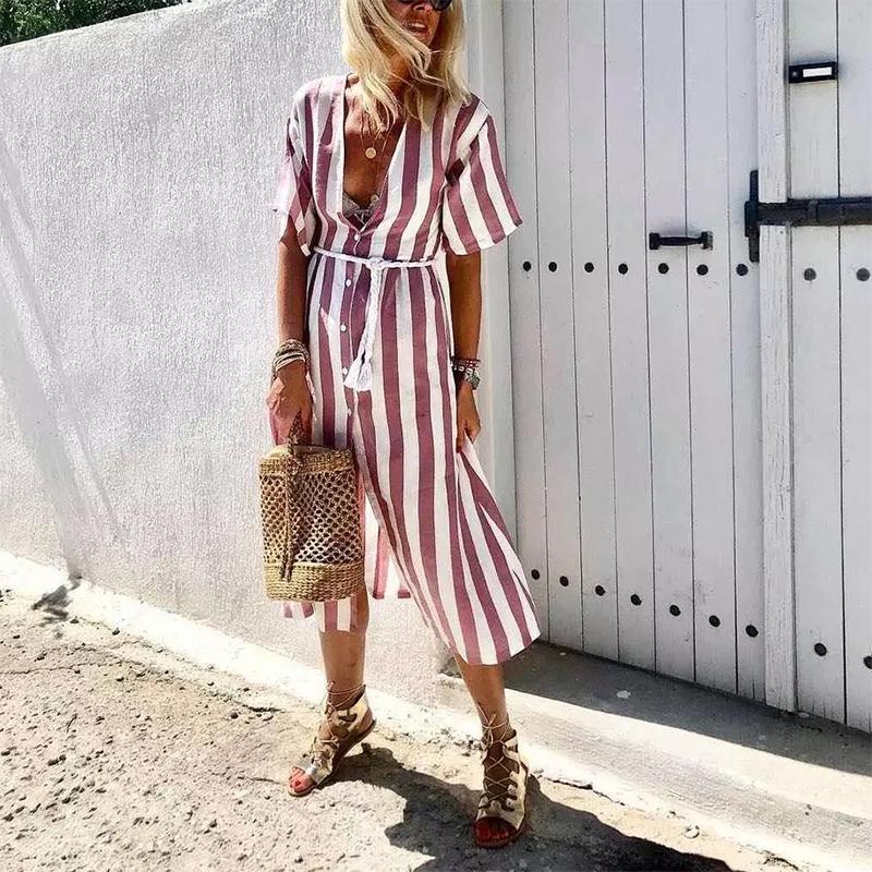 Casual V Neck Stripe Belted Single-Breasted short sleeve Dress