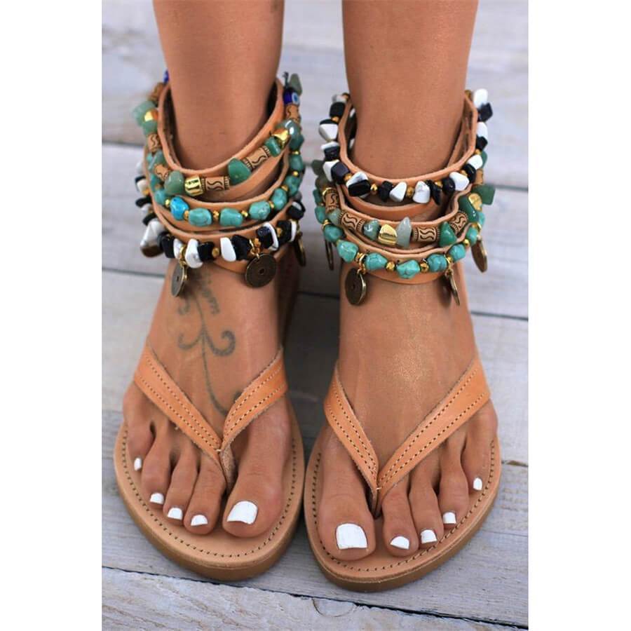 Fashion Retro   Beaded Back Zip Flat Sandals