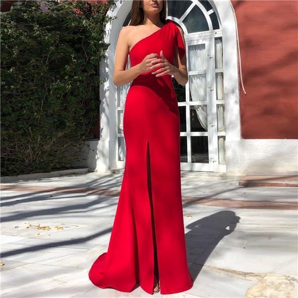 Sexy One Shoulder sleeveless Solid Color Evening Dresses