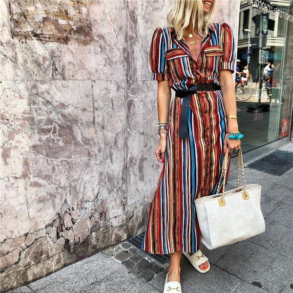 Fashion Striped Short Sleeves Maxi Dresses