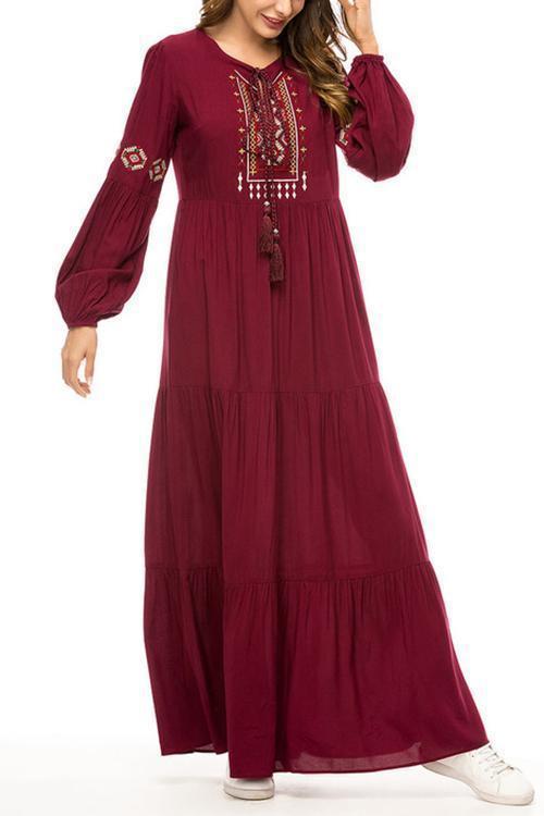 Embroidery Tassels Loose Maroon long sleeves Maxi Dresses