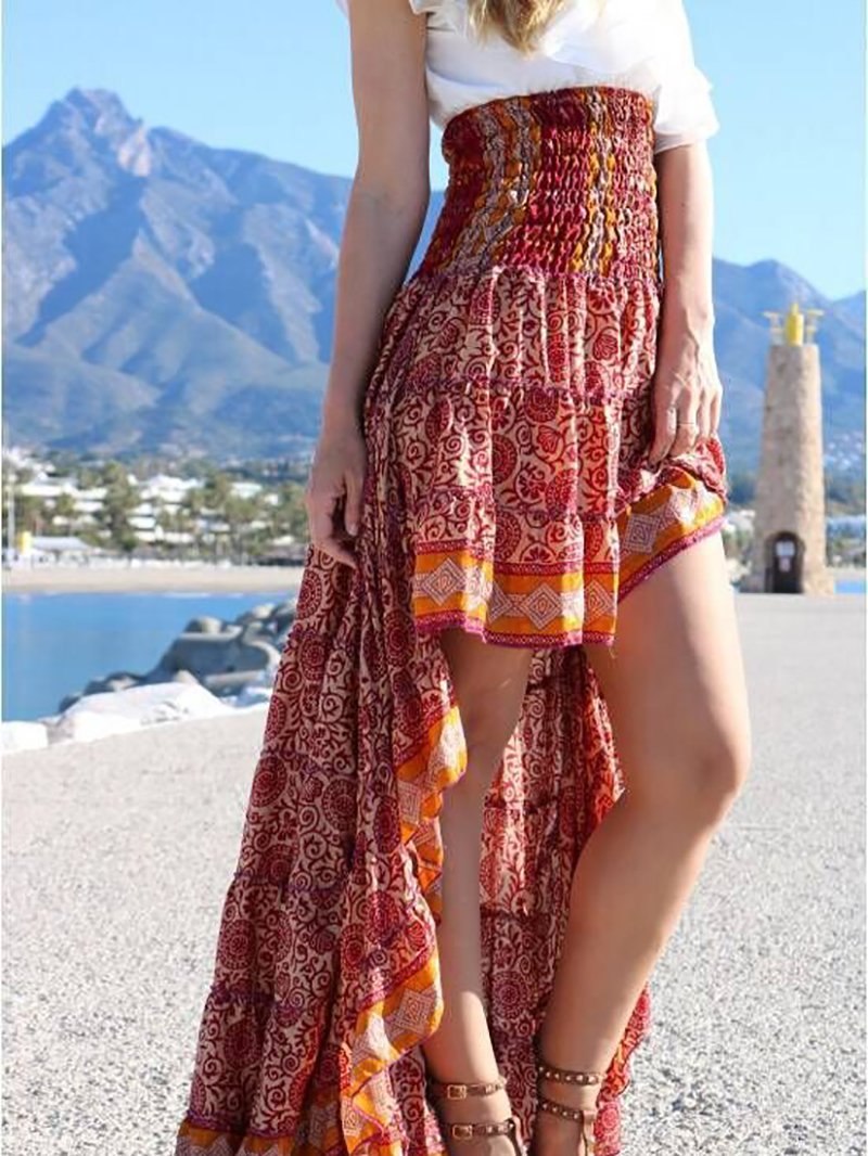 Bohemian Irregular Printed Colour Beach Elastic Pleated Skirt
