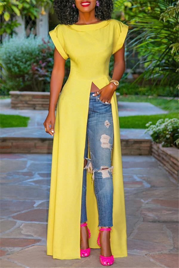 Fashion Round Neck Short Sleeve High Slit Zipper Solid Color Sexy Blouse