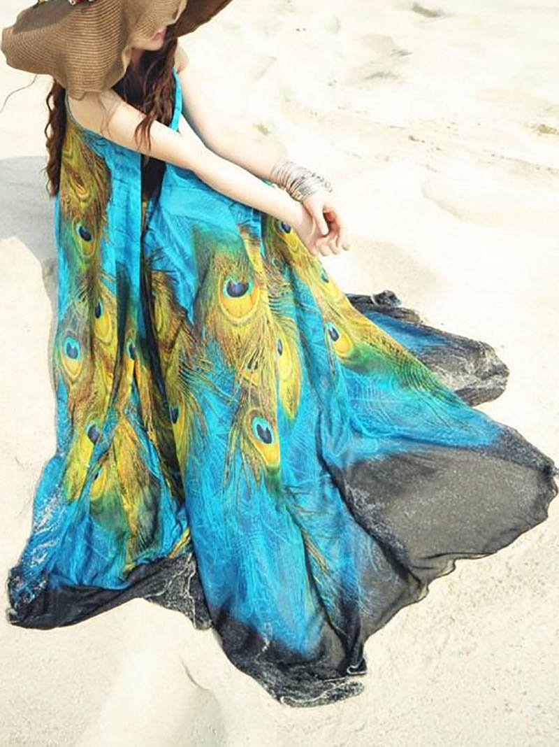 Elegant Round Neck Peafowls Printed Colour Sleeveless Belted Dress