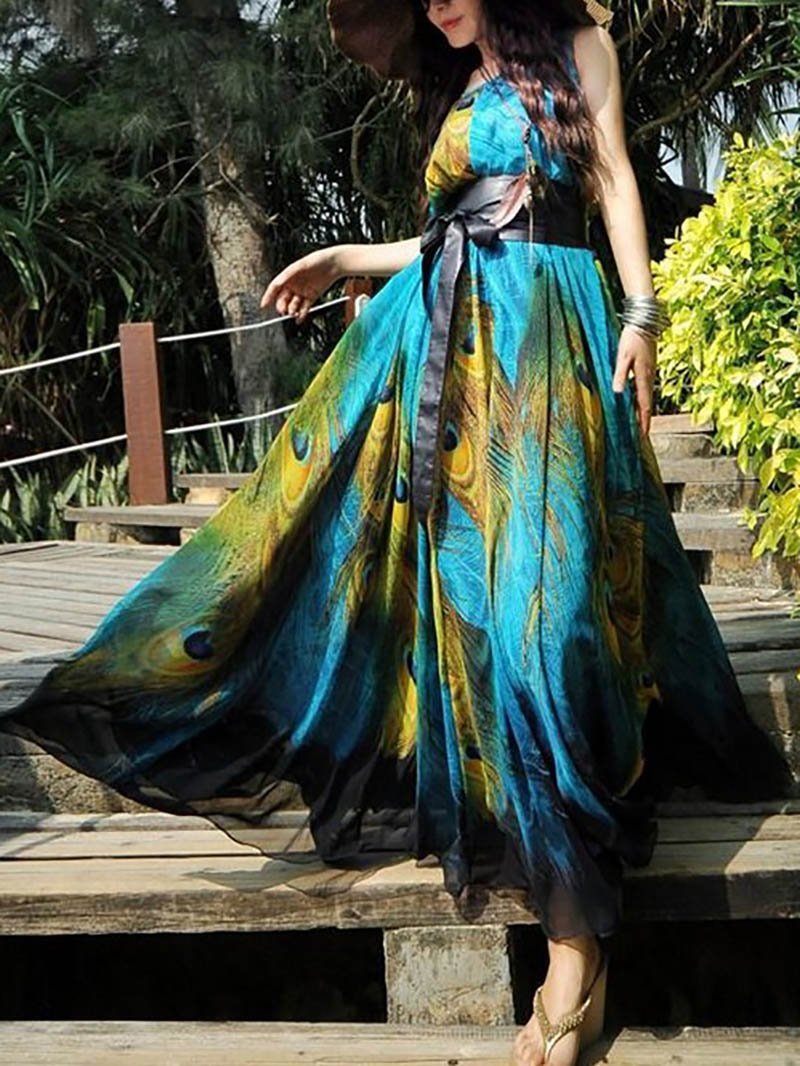 Elegant Round Neck Peafowls Printed Colour Sleeveless Belted Dress