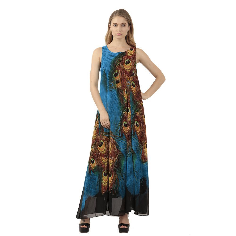 Elegant Chiffon Round Neck Sleeveless Peafowls Printed Colour Dress