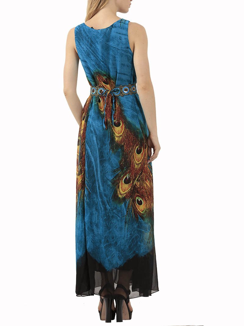 Elegant Chiffon Round Neck Sleeveless Peafowls Printed Colour Dress