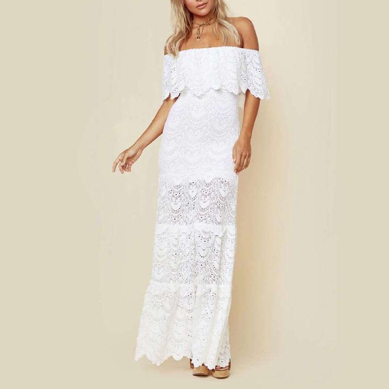 Sexy Pure Color Lace One Word Shoulder short sleeve Dress