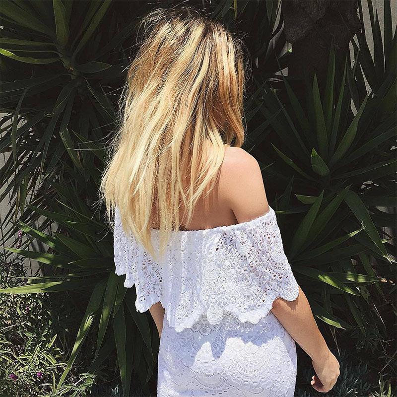 Sexy Pure Color Lace One Word Shoulder short sleeve Dress