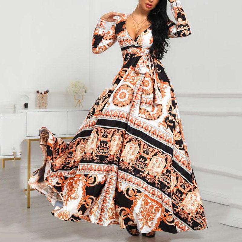 Printed V-Collar Long sleeves Mid-Length Dress