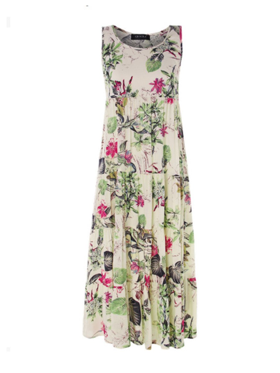Round Neck  Floral Printed sleeveless Casual Dress