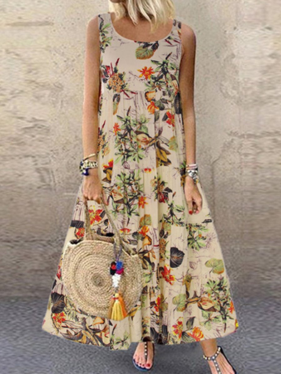 Round Neck  Floral Printed sleeveless Casual Dress
