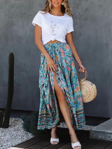 Wind Positioning Printed Elastic Waist Strap Skirt