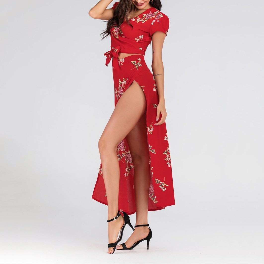 Sexy V-Neck short sleeves Straps Crop Top Split Long Skirt Two-Piece Suit