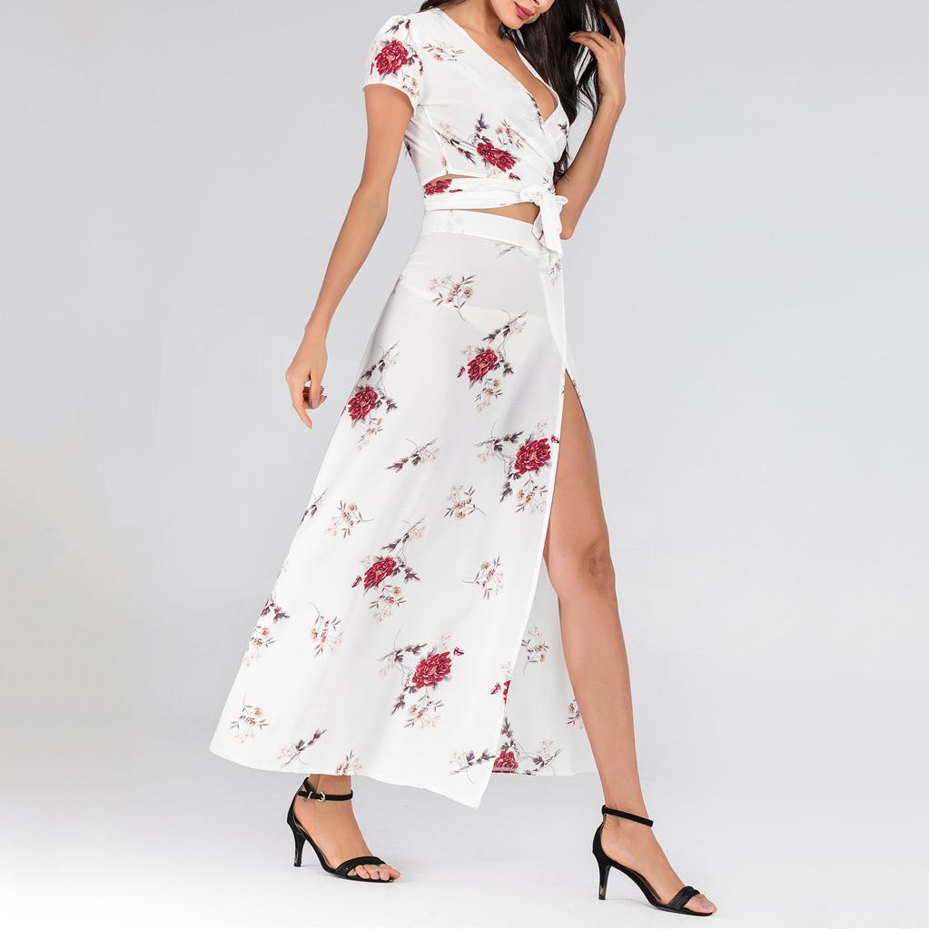 Sexy V-Neck short sleeves Straps Crop Top Split Long Skirt Two-Piece Suit