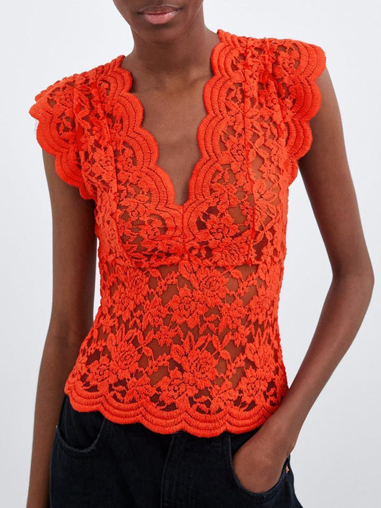 Sexy V Neck Hollow Out Splicing Lace Blouse