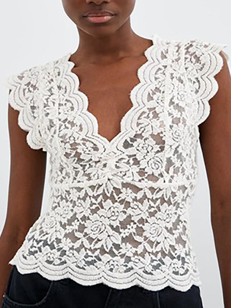 Sexy V Neck Hollow Out Splicing Lace Blouse