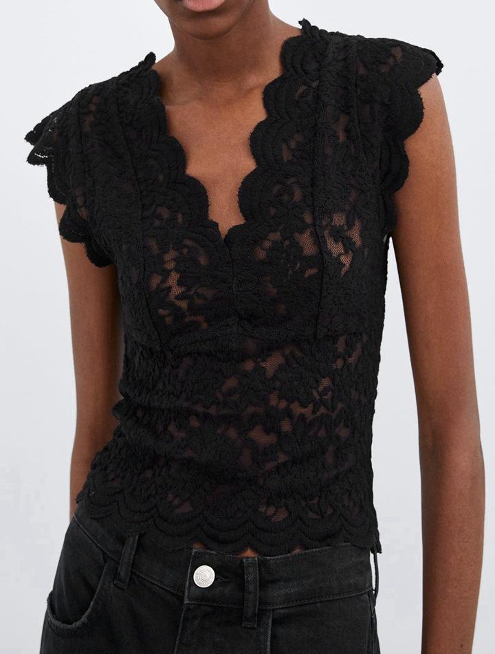 Sexy V Neck Hollow Out Splicing Lace Blouse