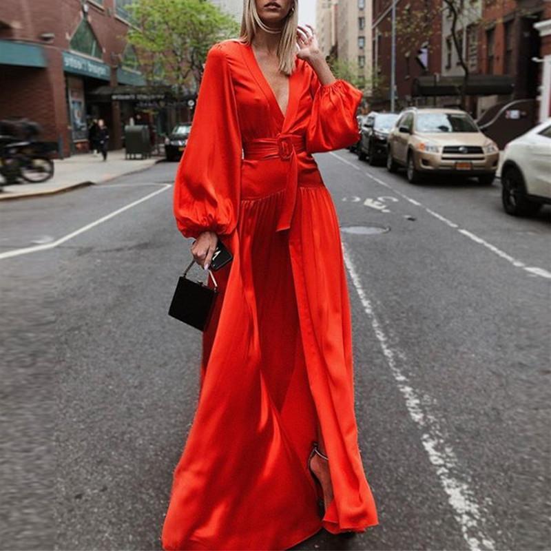 Fashion V-Neck Solid Color Long Sleeve Dress