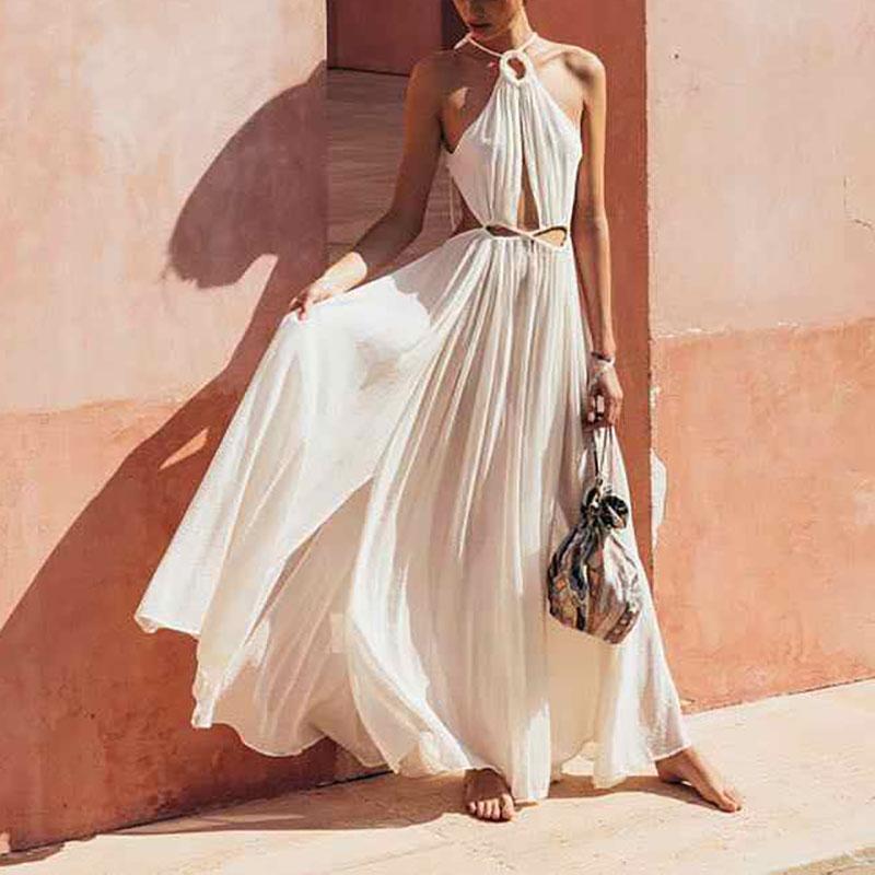 Elegant Belted Bare Back Off-Shoulder sleeveless Beach Dress