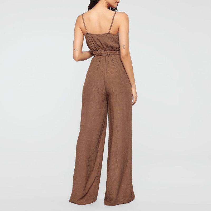 Commuting V Neck Sleeveless Belted Bare Back Jumpsuit