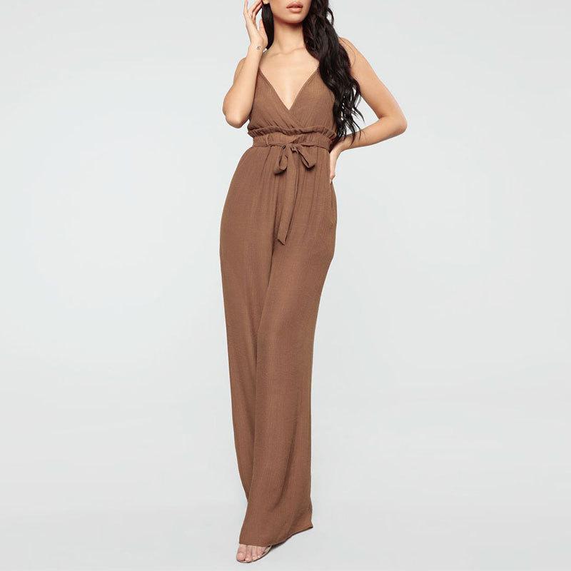 Commuting V Neck Sleeveless Belted Bare Back Jumpsuit