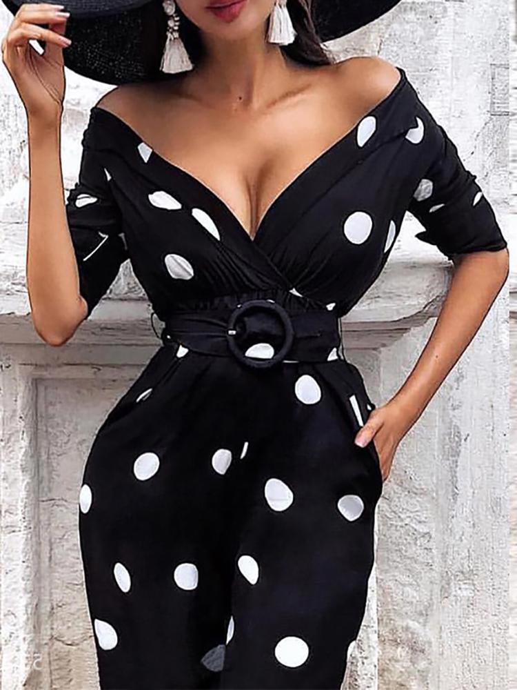 Sexy V Neck short sleeve Polka Dot Belted Dress