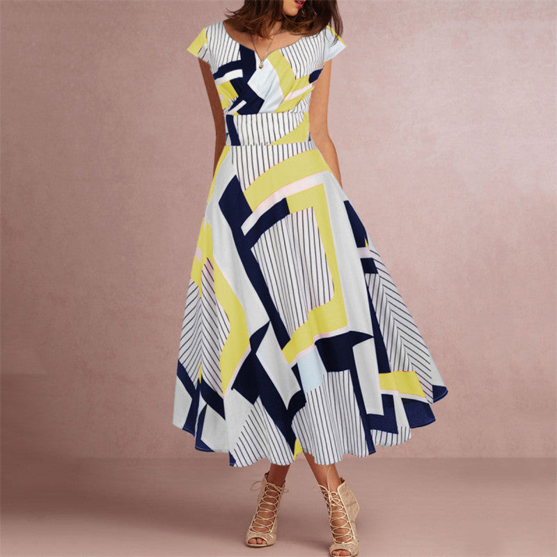 Fashion Short Sleeve Stitching Stripes Casual Dresses