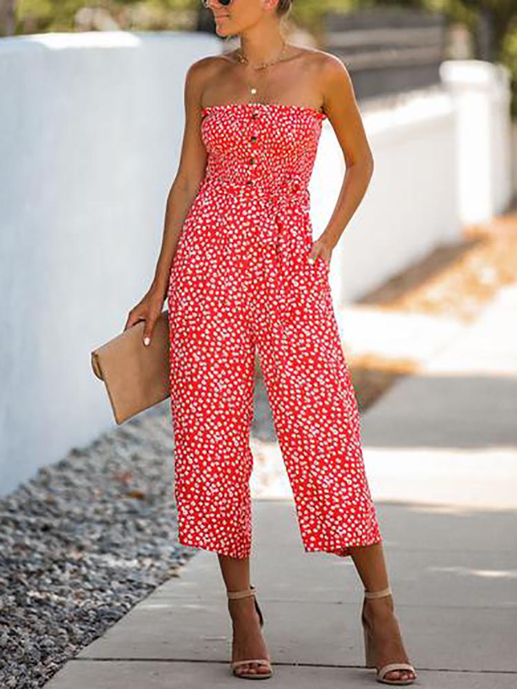 Sexy Belted Elastic Sleeveless Pleated Bare Back Jumpsuit
