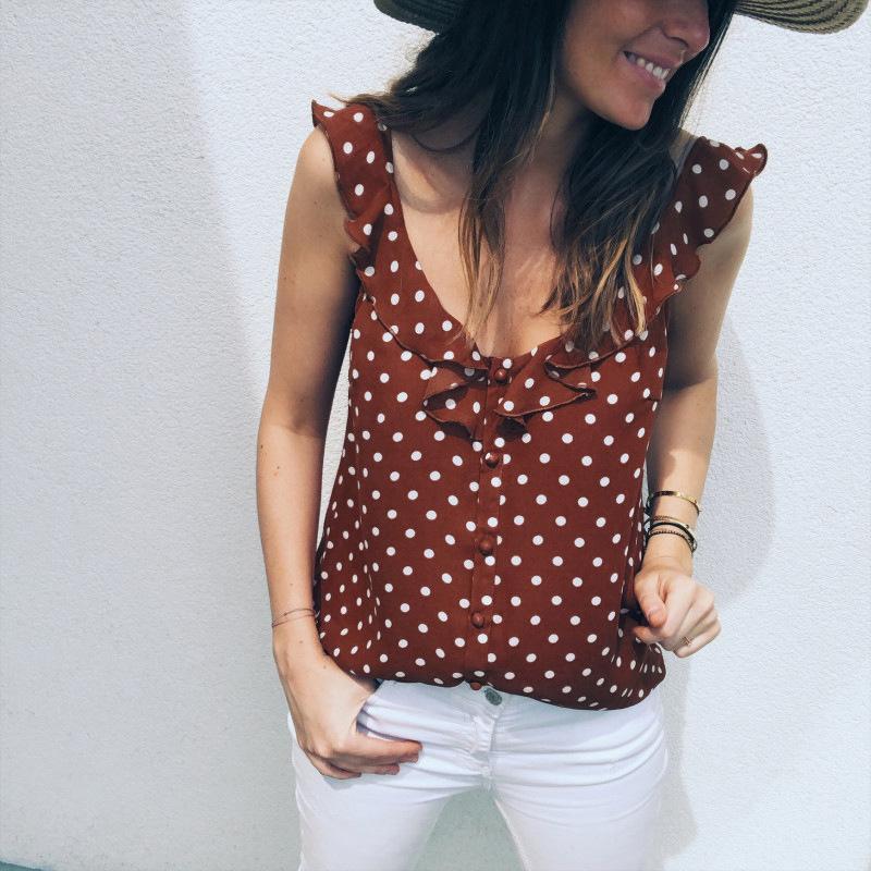 Vintage V Neck Ruffled Polka Dot Sleeveless T-Shirt