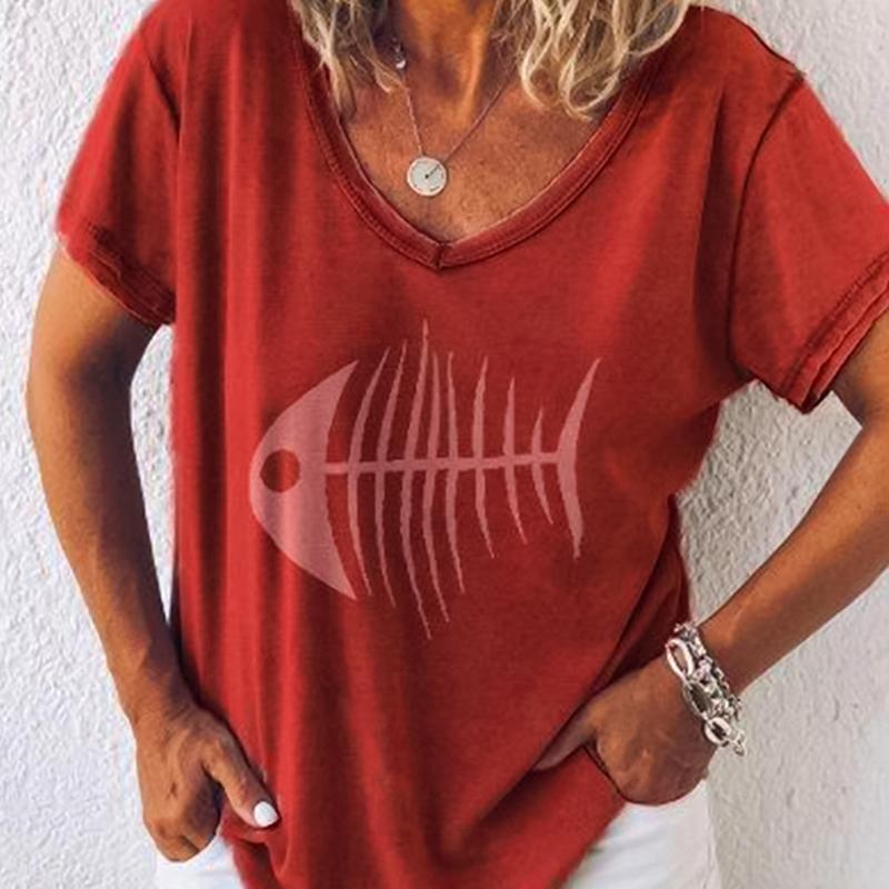 Casual V Neck Short Sleeve Printed Colour T-Shirt