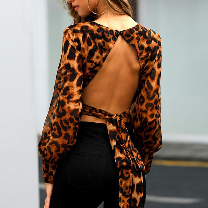 Fashion Leopard Print Bare Back Belted Top