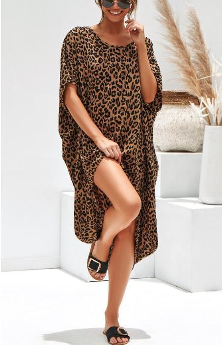 Leopard Irregular Hem short sleeves Dress