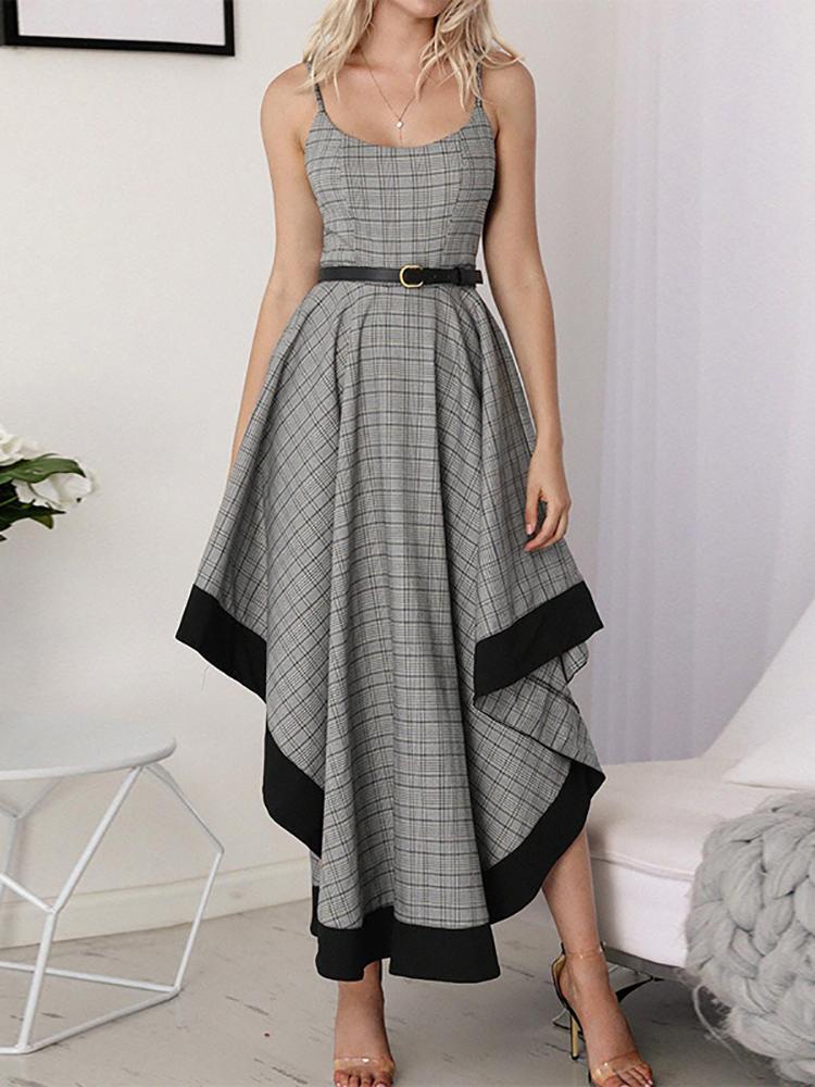 Commuting Irregular Check Bare Back sleeveless Splicing Dress