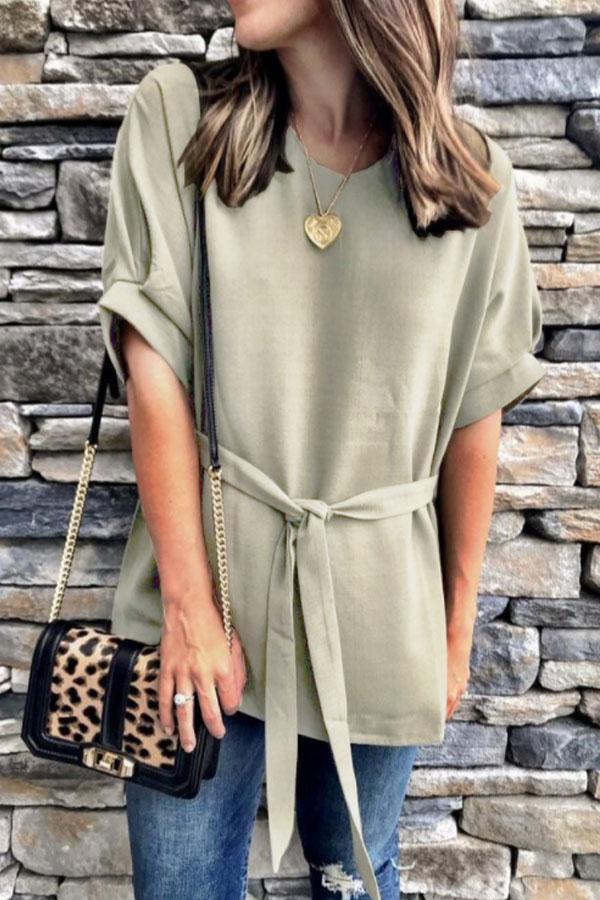 Round Neck  Belt  Plain  Blouses