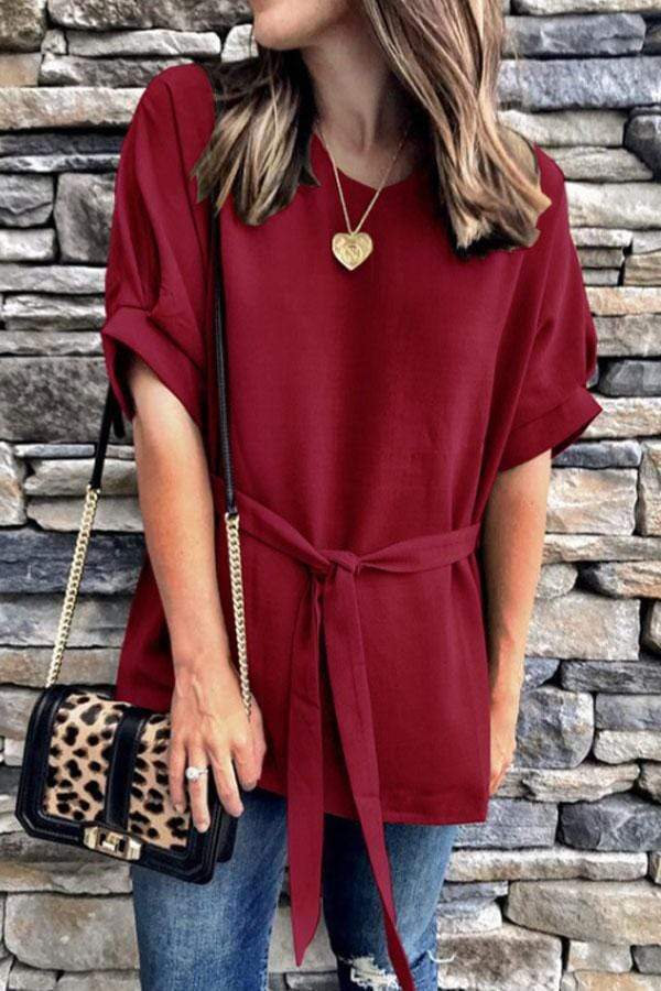 Round Neck  Belt  Plain  Blouses