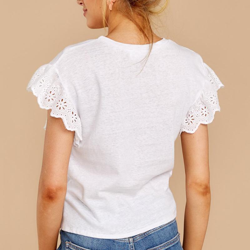 Elegant Round Neck Short Sleeve Hollow Out T-Shirt