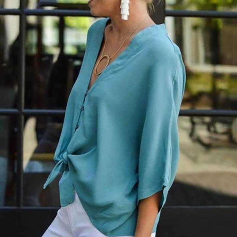 Casual V Neck Single-Breasted Batwing Sleeve Blouse