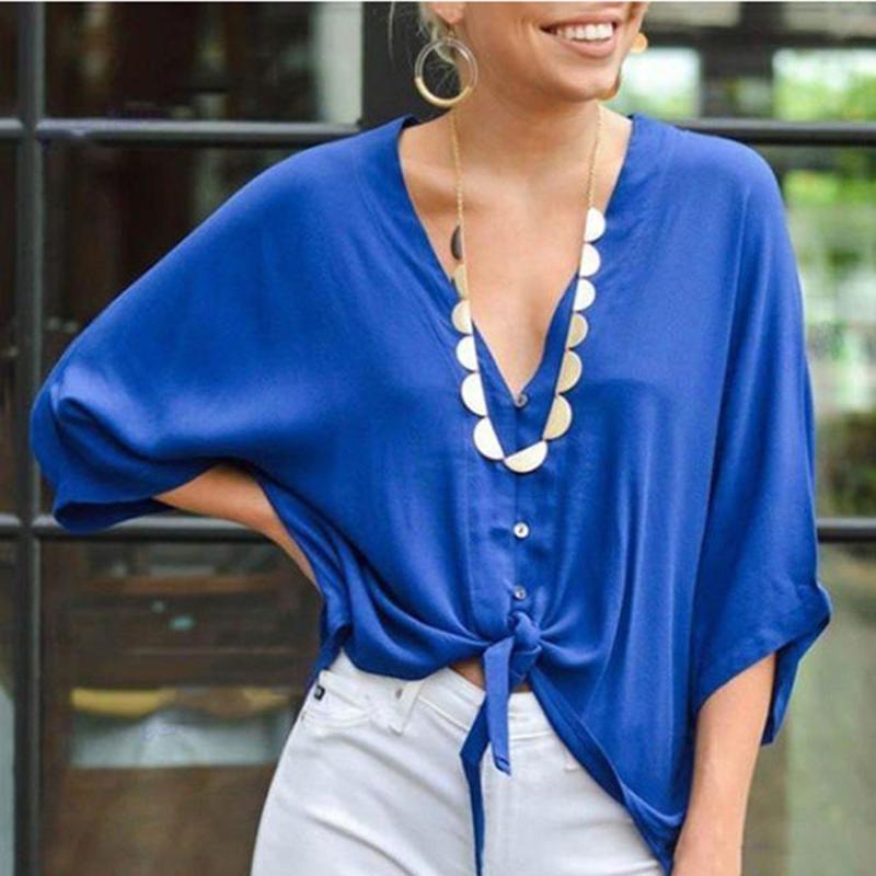 Casual V Neck Single-Breasted Batwing Sleeve Blouse