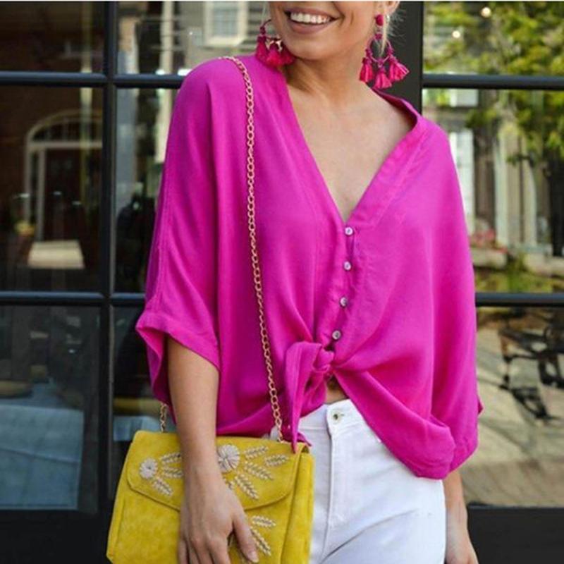 Casual V Neck Single-Breasted Batwing Sleeve Blouse