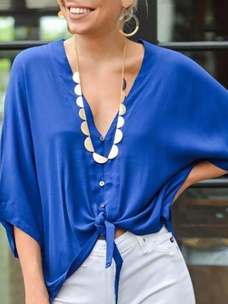 Casual V Neck Single-Breasted Batwing Sleeve Blouse