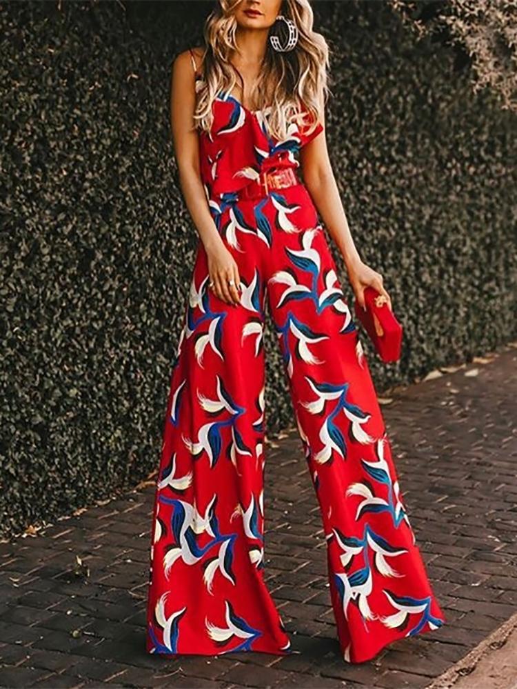 Commuting Irregular Belted Sleeveless Printed Colour Jumpsuit