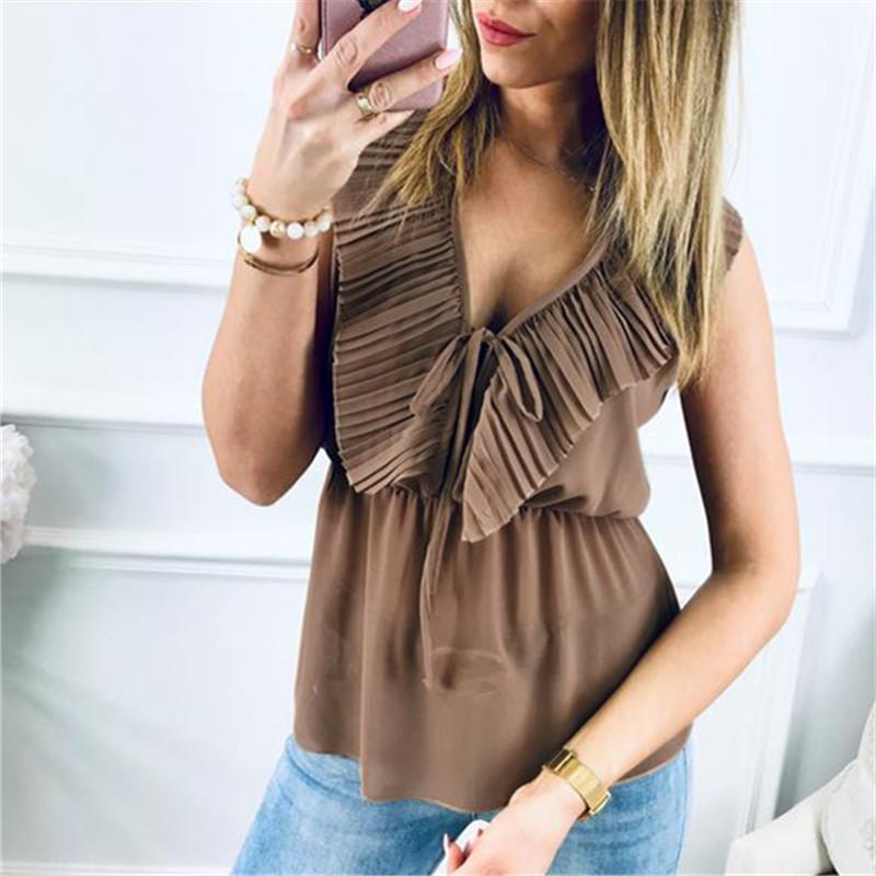 Women Sexy V Neck Frenulum Lotus Leaf Edge Sleeveless Shirt